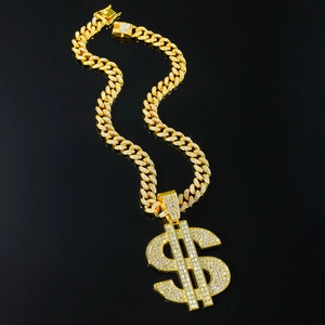 Collana Hip Hop con Ciondolo Simbolo del Dollaro Iced Out e Catena Cubana in Lega Placcata Oro Argento Strass Gioielli da Uomo