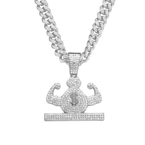 Hip hop silver muscle money bag pendant with iced-out cuban chain necklace