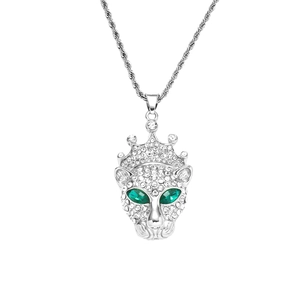 Hiphop leopard head pendant with crown, green eyes and twisted rope chain in silver finish