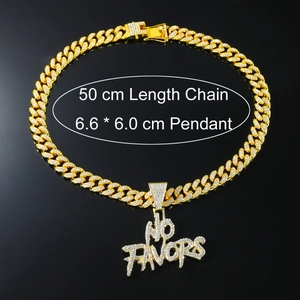 Close-up of gold iced-out NO FAVORS pendant necklace with dimensions 6.6x6.0cm and 50cm chain