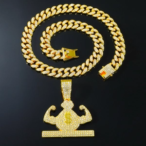 Hip hop gold plated Cuban chain and muscular money bag pendant with icy rhinestones