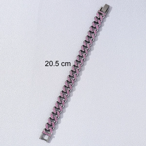 Bracelet cubain hip hop pour homme en métal noir avec strass roses, 20,5 cm