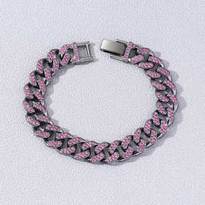 Bracelet cubain hip hop en métal gris foncé avec strass roses sertis pour hommes