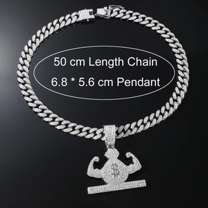 Hip-hop iced-out muscle money bag pendant necklace with silver Cuban chain and $ sign