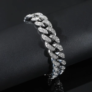 Hip-hop silver Cuban link bracelet with sparkling rhinestones on black display