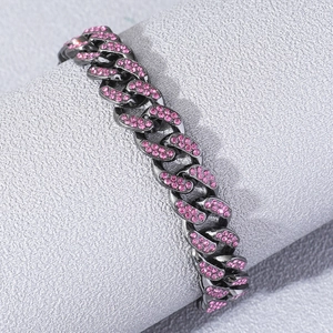 Bracelet cubain hip hop en métal gris avec strass roses brillants pour homme