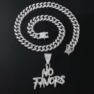 Iced out hip hop necklace featuring double row NO FAVORS diamond pendant and Cuban link chain