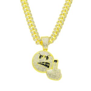 Hip Hop Iced Out Emoji Middle Finger Pendant Necklace Zinc Alloy Rhinestone Cuban Link Chain For Men Fashion Jewelry