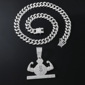 Hip hop silver muscle arm money bag pendant with iced out cuban chain necklace