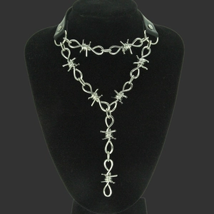 Punk Retro Barbed Wire Y Necklace With Black PU Leather Choker Zinc Alloy Gothic Thorns Chain For Men Streetwear Jewelry Accessory