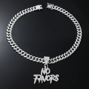Detailed close-up of icy NO FAVORS iced-out letter pendant with a matching Cuban link chain
