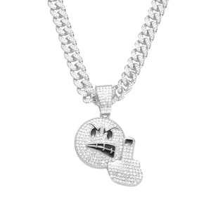 Hip-hop silver-tone emoji middle finger pendant with Cuban link chain and full pavé zircons