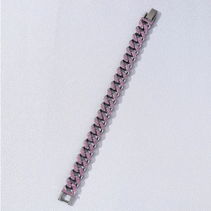 Bracelet cubain hip-hop pour homme avec strass roses et finition en métal gris foncé