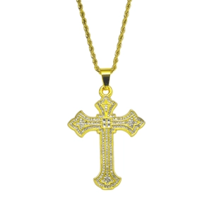 Hip Hop Cross Pendant Necklace Zinc Alloy Stainless Steel Rope Chain Rhinestone Inlaid Jewelry For Men Retro Style