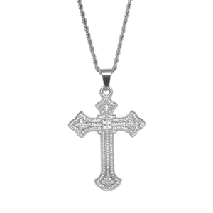 Hip hop silver cross necklace with pavé cubic zirconia on a classic twisted rope chain