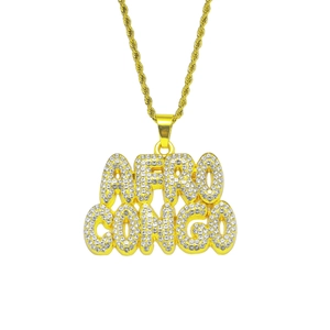 Collier Pendentif Lettre AFRO CONGO Hip Hop Strass Acier Inoxydable Alliage de Zinc Chaîne Corde Homme Bijoux Rapper