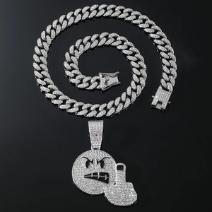 Iced out emoji pendant with middle finger on silver cuban link chain for hip hop style