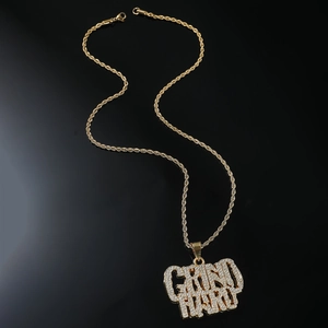 Hip hop style gold double row iced out Grind Hard letter pendant with rope chain