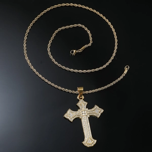 Hip hop gold plated cross pendant necklace with sparkling zircons on black rope chain