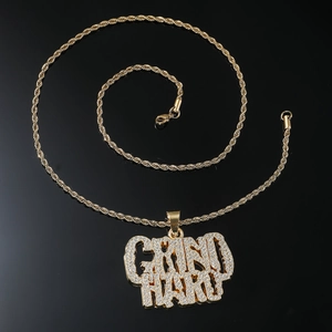 Hip-hop gold rope chain necklace with iced out GRIND HARD double row pendant