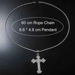 Hip hop silver cross pendant with iced out rhinestones and a 60cm rope chain necklace