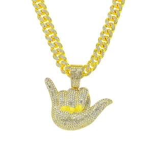 Collier Pendentif Geste de la Main Shaka Hip Hop Homme Or Argent Alliage Strass Maillon Gourmette Bijoux Streetwear
