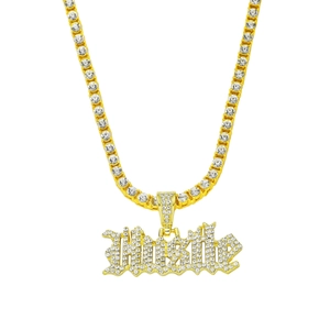 Hip Hop Alloy Hustle Letter Pendant Necklace Iced Out Rhinestone Tennis Chain Jewelry For Men Women Gold Silver Gothic Style