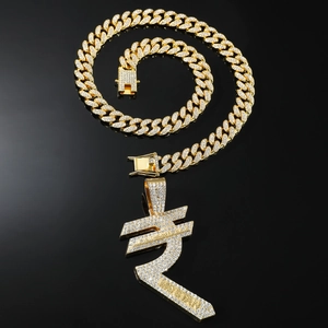 Gold plated Cuban link chain with a large iced-out Indian Rupee sign pendant