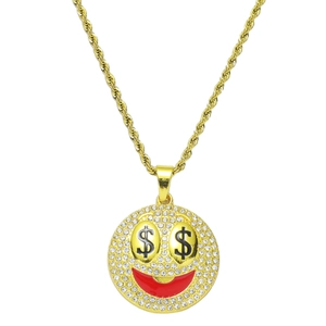 Hip Hop Smiley Gesicht Anhänger Halskette Dollarzeichen Augen Legierung Edelstahl Seilkette Strass Eingelegt Herren Schmuck
