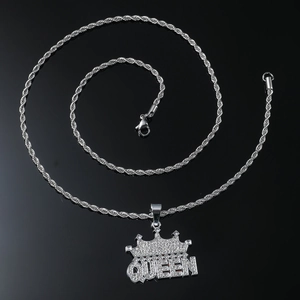 Hip hop silver crown QUEEN pendant necklace with rope chain and sparkling stones