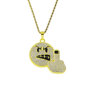 Hip Hop Iced Out Angry Emoji Middle Finger Pendant Necklace Alloy Rhinestone Jewelry With Stainless Steel Rope Chain
