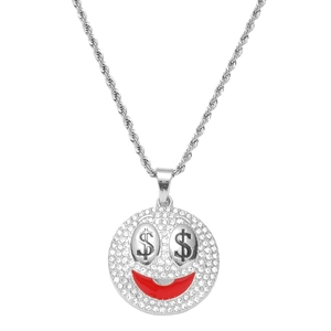 Hip-Hop-Smiley-Anhänger mit Dollaraugen und Kristallen an einer Seilkette für Damen