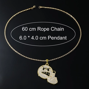 Hip hop emoji middle finger pendant with white zircons and 60cm golden rope chain