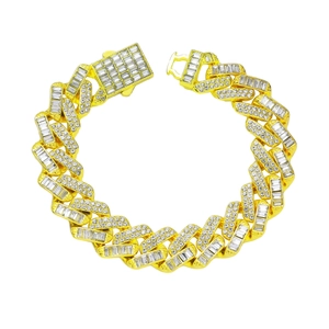 Bracelet cubain pour homme plaqué or 15mm orné de diamants carrés brillants