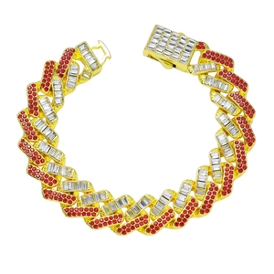Hip Hop Men Alloy Cuban Link Bracelet Red White Rhinestone Inlaid Geometric Chain Bracelet Bold Fashion Jewelry Gift