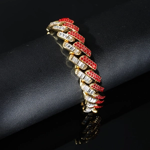 Men's 15mm chunky gold plated cuban link chain bracelet with red and white zircon crystals