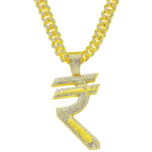 Hip Hop Men Iced Out Rupee Symbol Pendant Necklace Alloy Rhinestone Cuban Link Chain Jewelry