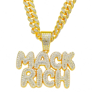 Hip Hop Men Alloy Rhinestone Mack Rich Alphabet Pendant Necklace Exaggerated Iced Out Gold Silver Cuban Chain Jewelry