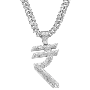Hip-hop silver Cuban chain with large iced out Indian Rupee symbol pendant and CZ stones