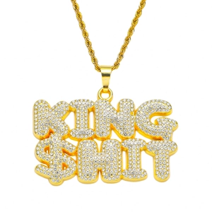 Hip Hop King Shit Letter Pendant Necklace For Men Stainless Steel Rope Chain Iced Out Pave Rhinestone Fashion Jewelry