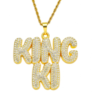 Collier Pendentif Lettre King Ki Hip Hop Homme Alliage Strass Bijoux Iced Out Chaîne Torsadée en Acier Inoxydable Or Argent