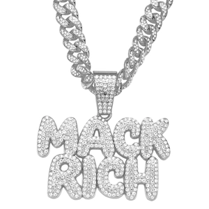 Hip hop silver MACK RICH pendant necklace with iced out crystals and cuban link chain