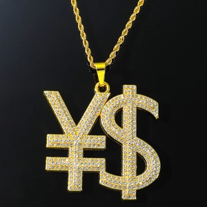Hip Hop Iced Out Dollar Yen Currency Symbol Pendant Necklace Zinc Alloy Rhinestone Stainless Steel Twist Chain Men Jewelry