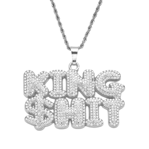 Hip hop King Shit letter pendant necklace with full cubic zirconia on a silver rope chain