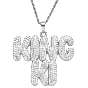 Collier hip hop argenté avec pendentif lettre KING serti de strass et chaîne corde
