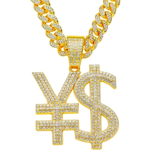 Collier Pendentif Symbole Monétaire en Alliage Incrusté de Strass Hip Hop Or Argent Mailles Gourmette Bijoux Homme