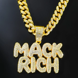 Men's hip hop gold Cuban chain necklace featuring a large iced out MACK RICH letter pendant