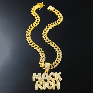 Hip-hop gold Cuban link necklace with MACK RICH iced out pave diamond letter pendant