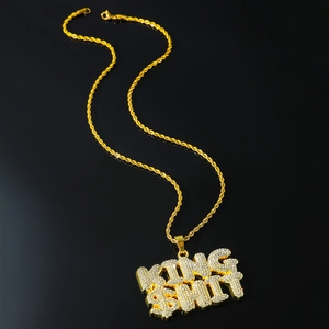 Hip hop gold KING SHIT letter pendant necklace with iced out stones and twist chain