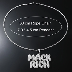 Hip-Hop Silberne Seilkette mit MACK RICH Buchstabenanhänger und glänzenden Steinen